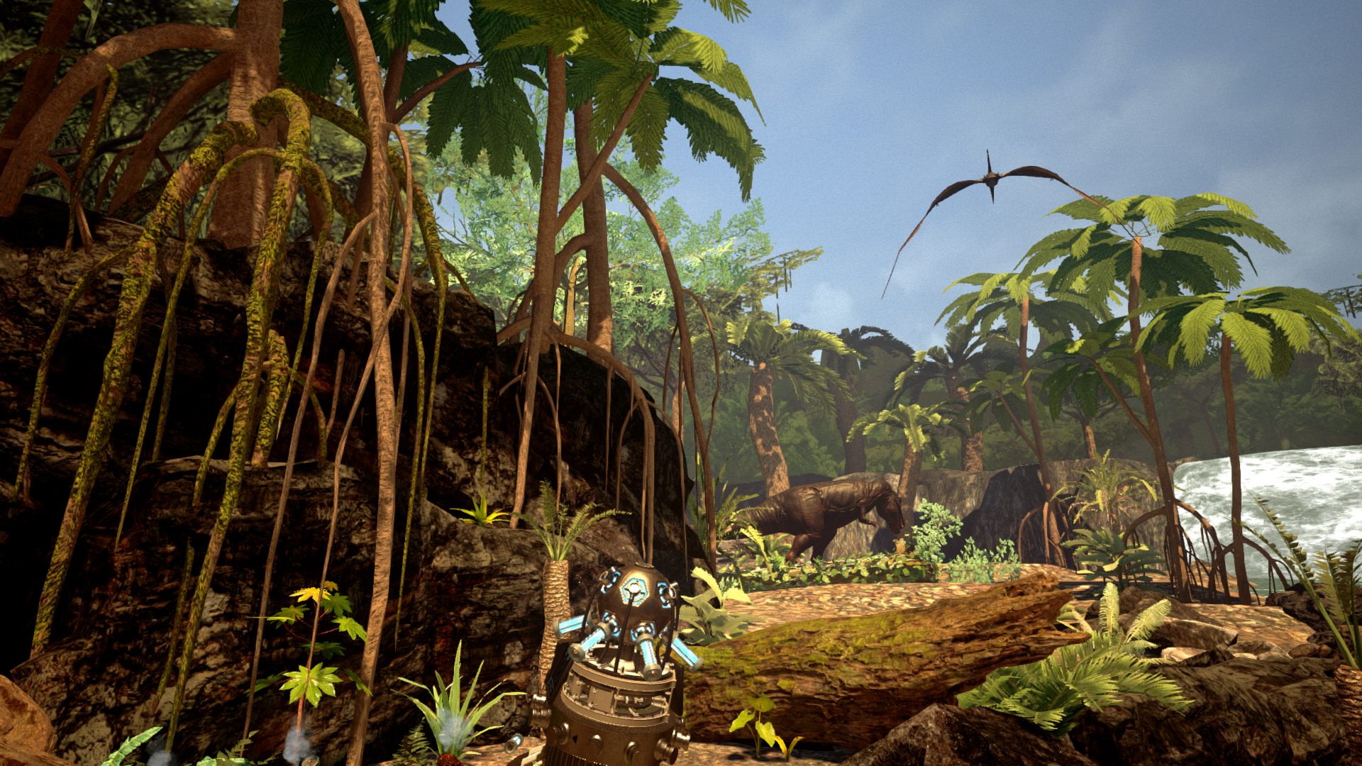 In-game screenshot from Time Travel Paradox showing a dinosaur jungle scene