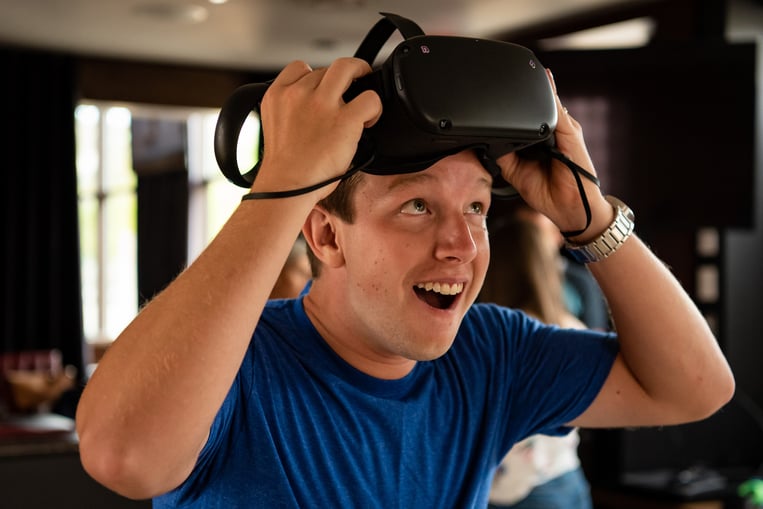 Man tries a virtual reality headset